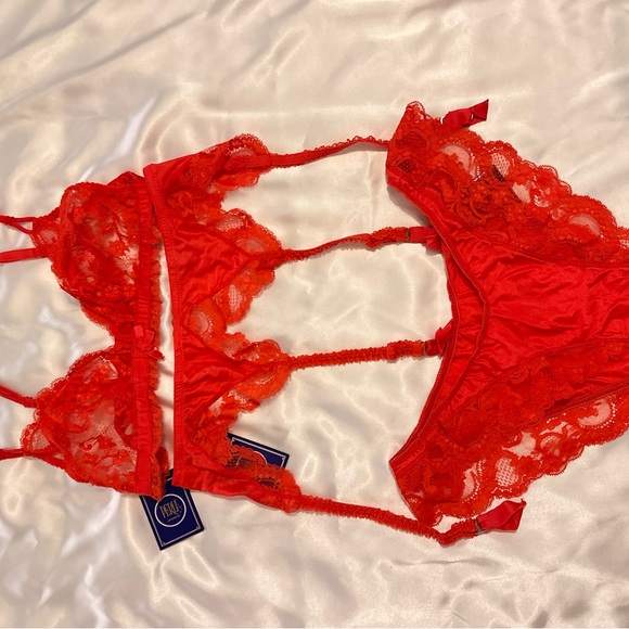 La Perla Vintage Fiery Red Lace Bra Set four pieces . - Picture 9 of 14